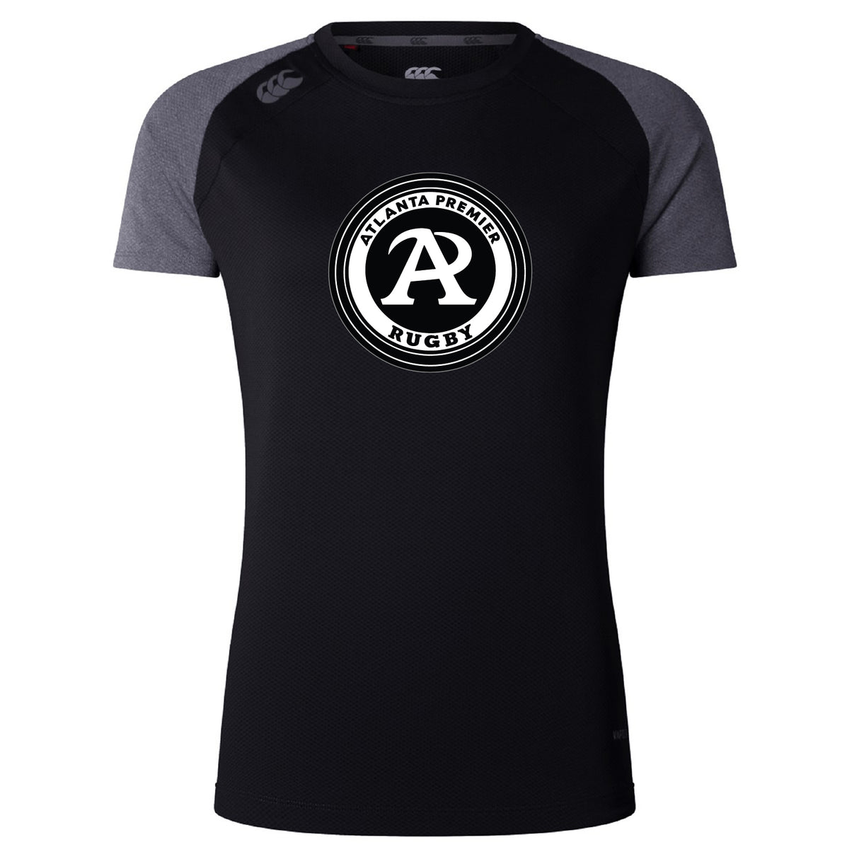 The Atlanta Premier Rugby Club Women's Elite Training Tee by WRS Canterbury features a black and dark gray design, a white circular chest logo, and Vapodri technology—perfect for high-performance women's training.