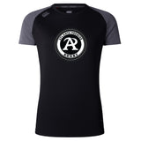 The Atlanta Premier Rugby Club Women's Elite Training Tee by WRS Canterbury features a black and dark gray design, a white circular chest logo, and Vapodri technology—perfect for high-performance women's training.
