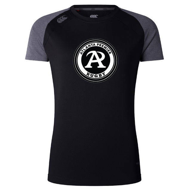 The Atlanta Premier Rugby Club Women's Elite Training Tee by WRS Canterbury features a black and dark gray design, a white circular chest logo, and Vapodri technology—perfect for high-performance women's training.