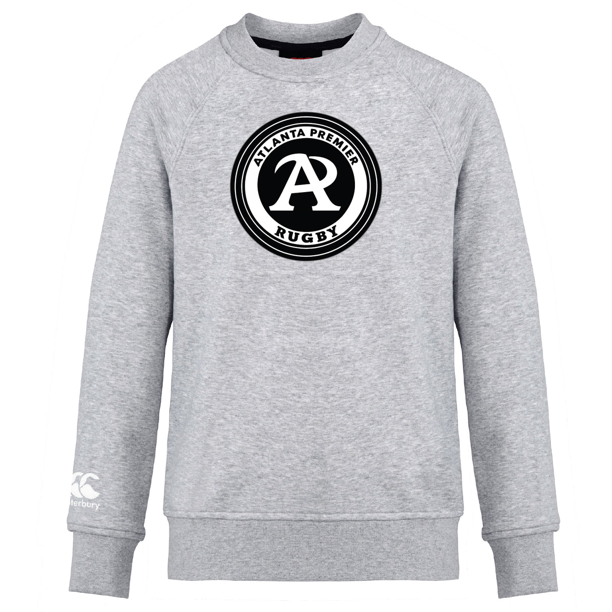 The Atlanta Premier Rugby Club Crew Sweatshirt by WRS Canterbury features a light gray design, black and white "Atlanta Premier Rugby" chest logo, and an embroidered white CCC logo on the ultra-soft left sleeve.