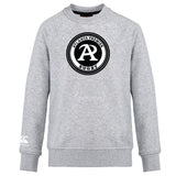 The Atlanta Premier Rugby Club Crew Sweatshirt by WRS Canterbury features a light gray design, black and white "Atlanta Premier Rugby" chest logo, and an embroidered white CCC logo on the ultra-soft left sleeve.