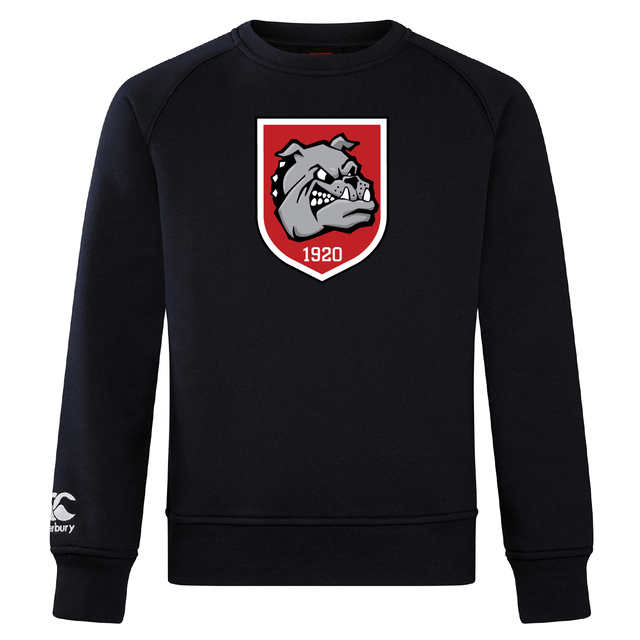 The AG Bulldogs Club Crew Sweatshirt by WRS Canterbury features a bold bulldog head on a red shield, "1920" on the chest, and an embroidered CCC logo on the ultra-soft left sleeve.