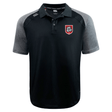 The AG Bulldogs Elite Polo by EMB Canterbury features lightweight, durable Vapodri fabric, a three-button collar, and a bulldog crest patch on the left chest in black and grey.