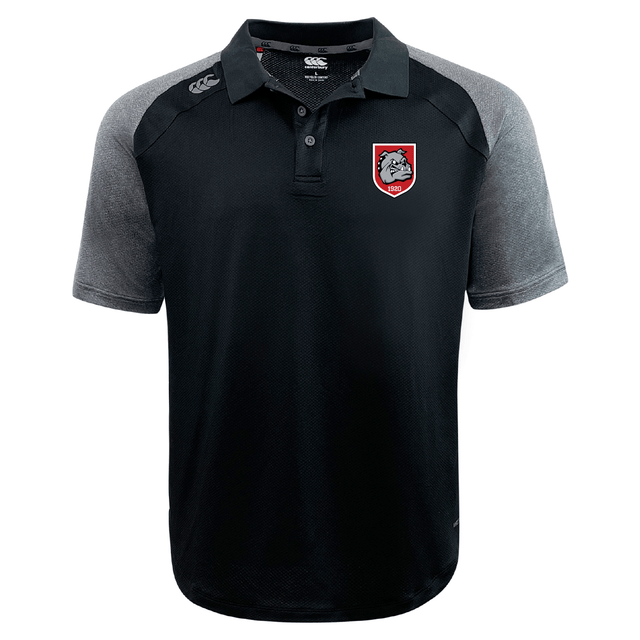 The AG Bulldogs Elite Polo by EMB Canterbury features lightweight, durable Vapodri fabric, a three-button collar, and a bulldog crest patch on the left chest in black and grey.