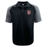 The AG Bulldogs Elite Polo by EMB Canterbury features lightweight, durable Vapodri fabric, a three-button collar, and a bulldog crest patch on the left chest in black and grey.