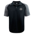 The Atlanta Premier Rugby Club Elite Polo by EMB Canterbury features black and grey short sleeves, a small round "AR" logo on the chest, "CCC" logos on the collar and shoulder, and is crafted from lightweight Vapodri fabric for comfort.