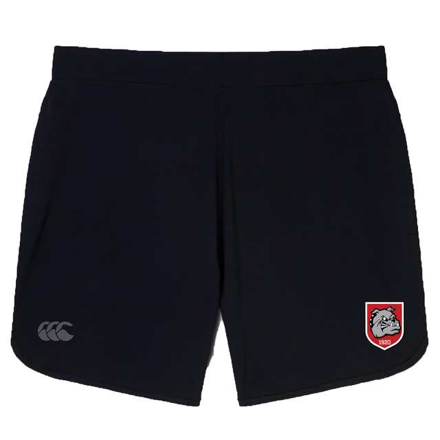 The AG Bulldogs Elite Woven Short by EMB Canterbury features a black design, zippered pockets, a Canterbury logo on the left leg, and a red-and-white bulldog badge on the right leg.
