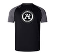 The WRS Canterbury Atlanta Premier Rugby Club Elite Training Tee is a black and gray short-sleeve top with a circular front logo, crafted from Vapodri fabric for lightweight comfort during workouts.