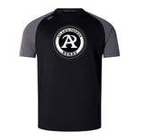 The WRS Canterbury Atlanta Premier Rugby Club Elite Training Tee is a black and gray short-sleeve top with a circular front logo, crafted from Vapodri fabric for lightweight comfort during workouts.