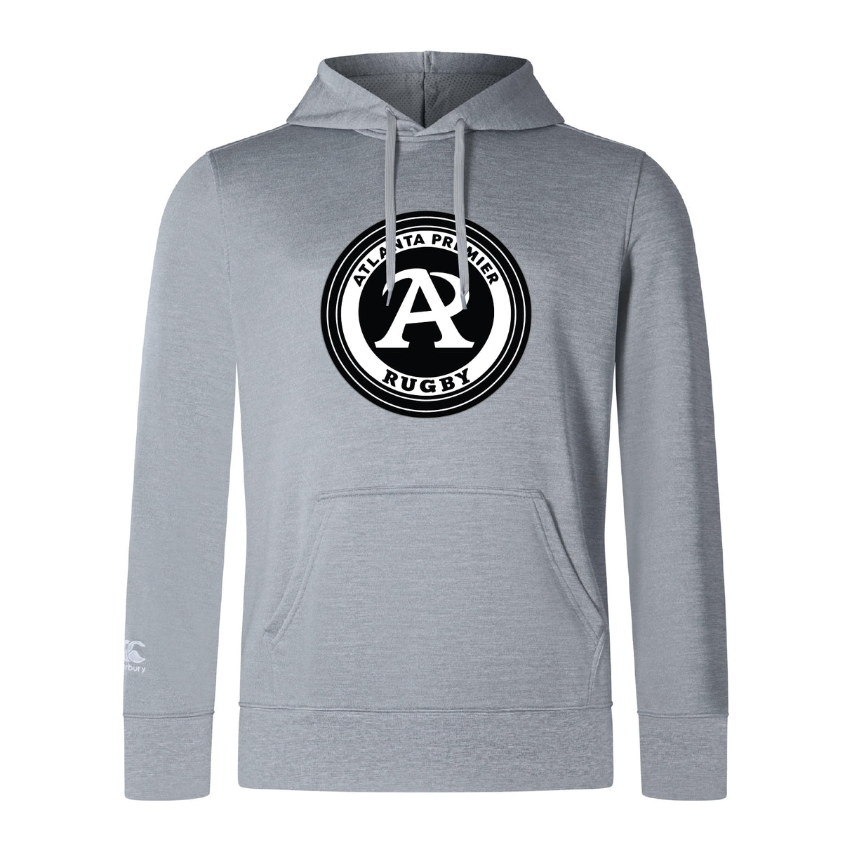 The Atlanta Premier Rugby Club Club Lightweight Hoodie by WRS Canterbury is light gray, featuring a large circular "Atlanta Premier Rugby" logo with a bold "A" on the chest and an embroidered CCC logo for extra style.