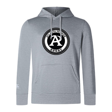 The Atlanta Premier Rugby Club Club Lightweight Hoodie by WRS Canterbury is light gray, featuring a large circular "Atlanta Premier Rugby" logo with a bold "A" on the chest and an embroidered CCC logo for extra style.