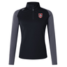 The AG Bulldogs Women's Elite First Layer by EMB Canterbury is a black and gray long-sleeve quarter-zip pullover with a bulldog crest on the left chest, featuring VapoDri technology for moisture-wicking comfort.