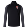 The EMB Canterbury AG Bulldogs Elite First Layer is a black and dark gray rugby training top with VapoDri technology, a quarter-zip neckline, and a bulldog logo crest on the left chest.