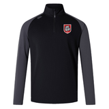 The EMB Canterbury AG Bulldogs Elite First Layer is a black and dark gray rugby training top with VapoDri technology, a quarter-zip neckline, and a bulldog logo crest on the left chest.