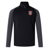 The EMB Canterbury AG Bulldogs Elite First Layer is a black and dark gray rugby training top with VapoDri technology, a quarter-zip neckline, and a bulldog logo crest on the left chest.