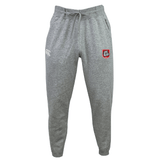 The AG Bulldogs Leisure Sweatpant by EMB Canterbury features a drawstring waist, sustainable light grey fleece, a white logo on the left thigh, and a red and white bulldog crest on the right thigh.