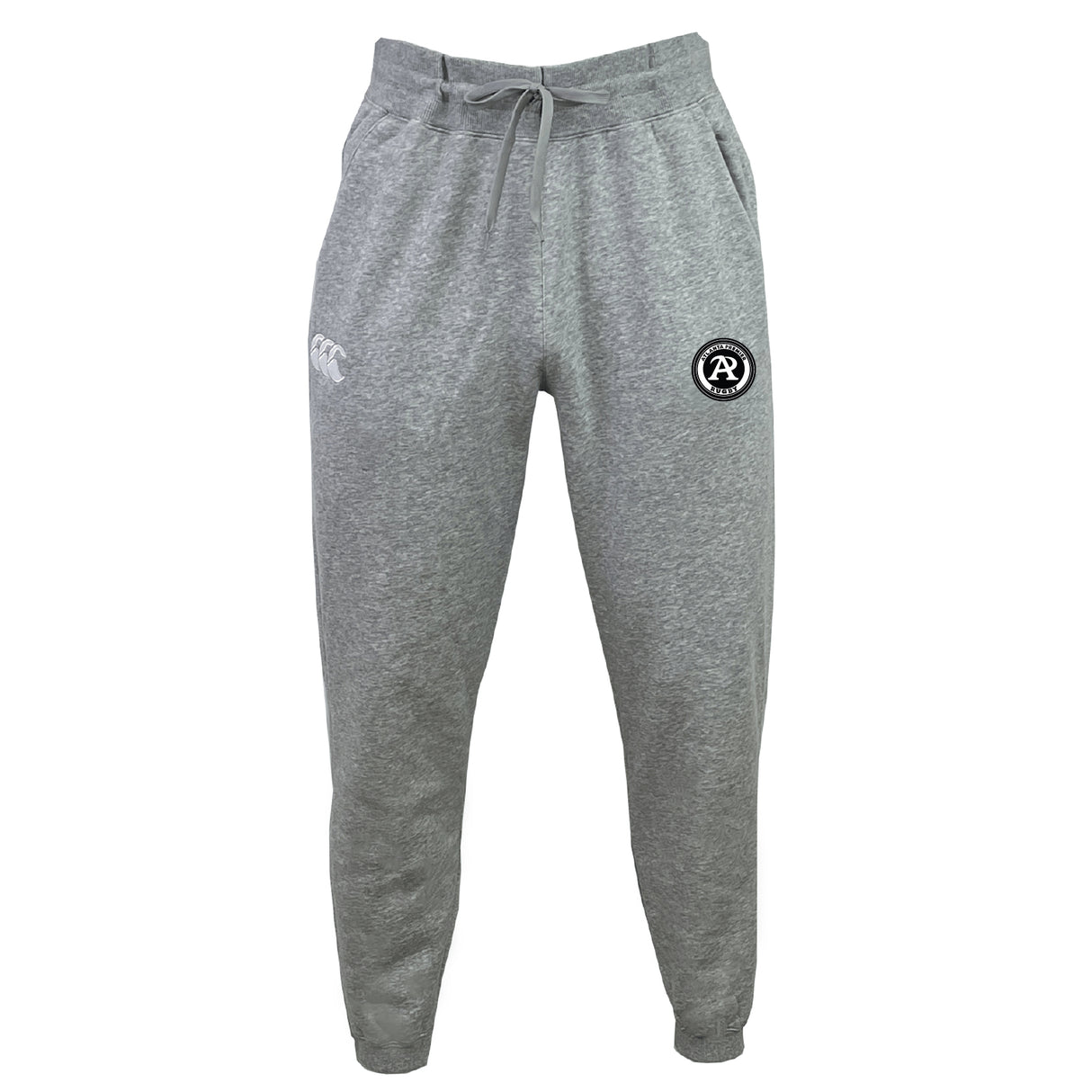 The Atlanta Premier Rugby Club Leisure Sweatpant by EMB Canterbury features recycled polyester fleece, an elastic waistband, drawstring, and two embroidered logos on the upper thighs—one left, one right.