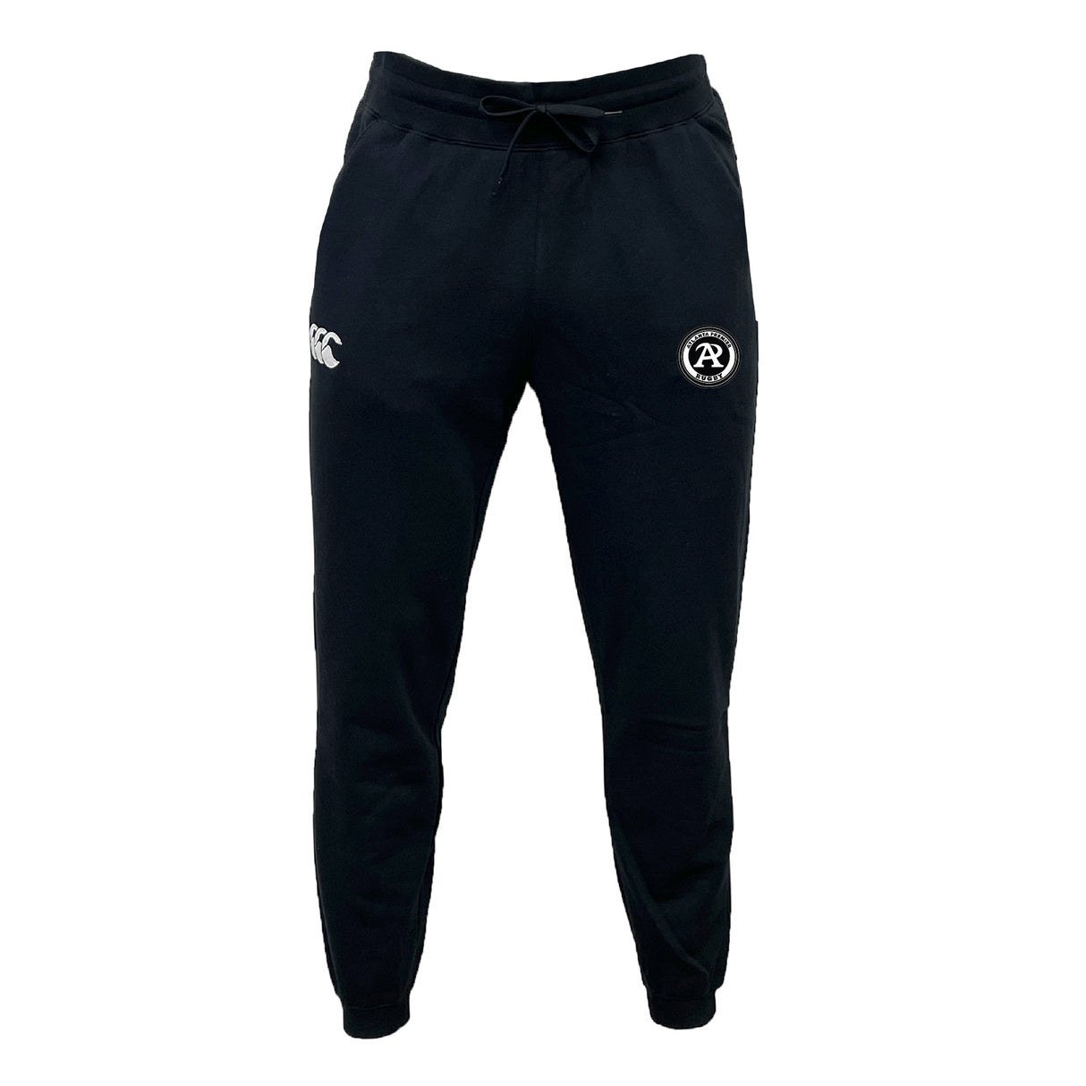The Atlanta Premier Rugby Club Women's Leisure Sweatpant by EMB Canterbury features black organic cotton sweatpants material, a drawstring waist, two thigh logos, and elastic ankle cuffs, shown on a white background.