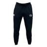 The Atlanta Premier Rugby Club Women's Leisure Sweatpant by EMB Canterbury features black organic cotton sweatpants material, a drawstring waist, two thigh logos, and elastic ankle cuffs, shown on a white background.