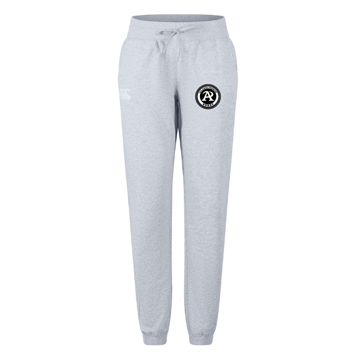 The Atlanta Premier Rugby Club Women's Leisure Sweatpant by EMB Canterbury features light gray organic cotton, a drawstring waist, cuffed ankles, and a black and white logo—perfect for women’s leisure or Canterbury rugby fans.