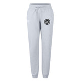 The Atlanta Premier Rugby Club Women's Leisure Sweatpant by EMB Canterbury features light gray organic cotton, a drawstring waist, cuffed ankles, and a black and white logo—perfect for women’s leisure or Canterbury rugby fans.
