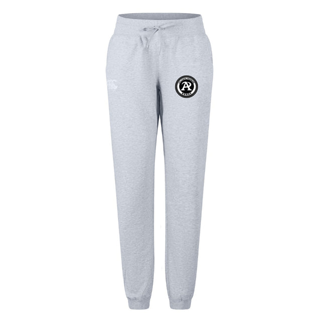 The Atlanta Premier Rugby Club Women's Leisure Sweatpant by EMB Canterbury features light gray organic cotton, a drawstring waist, cuffed ankles, and a black and white logo—perfect for women’s leisure or Canterbury rugby fans.
