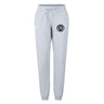 The Atlanta Premier Rugby Club Women's Leisure Sweatpant by EMB Canterbury features light gray organic cotton, a drawstring waist, cuffed ankles, and a black and white logo—perfect for women’s leisure or Canterbury rugby fans.