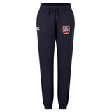 The AG Bulldogs Women's Leisure Sweatpant by EMB Canterbury features elastic cuffs, a drawstring waist, a white logo on the left thigh, and an embroidered bulldog crest—ideal for leisure or rugby training.