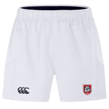 The AG Bulldogs Advantage Short 2.0 by EMB Canterbury features a black Canterbury logo on the left leg and a red and white shield-shaped bulldog emblem on the right; made from sustainable, recycled-content training shorts.