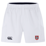 The AG Bulldogs Advantage Short 2.0 by EMB Canterbury features a black Canterbury logo on the left leg and a red and white shield-shaped bulldog emblem on the right; made from sustainable, recycled-content training shorts.