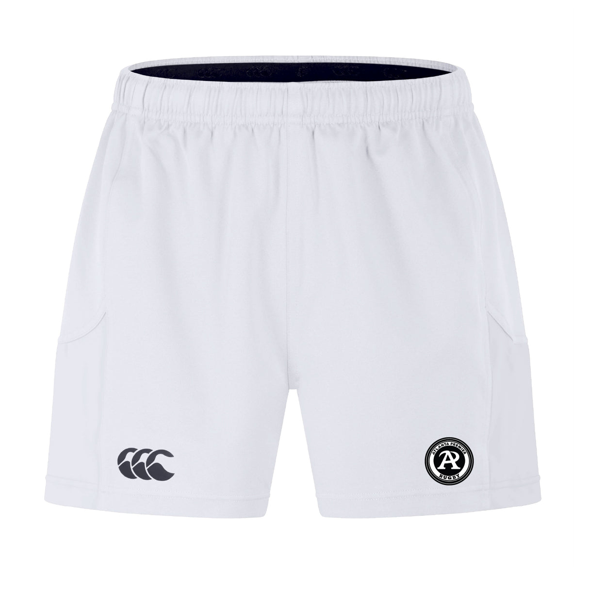 The Atlanta Premier Rugby Club Advantage Short 2.0 by EMB Canterbury offers sustainable performance with an elastic waistband, Canterbury logo on the left leg, and a circular badge on the right, made with recycled materials for eco-friendly comfort.
