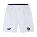 The Atlanta Premier Rugby Club Advantage Short 2.0 by EMB Canterbury offers sustainable performance with an elastic waistband, Canterbury logo on the left leg, and a circular badge on the right, made with recycled materials for eco-friendly comfort.