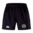 The Atlanta Premier Rugby Club Advantage Short 2.0 by EMB Canterbury features an elastic waistband, a white Canterbury logo on the left leg, and a club badge on the right leg, made with recycled content for sustainable performance.