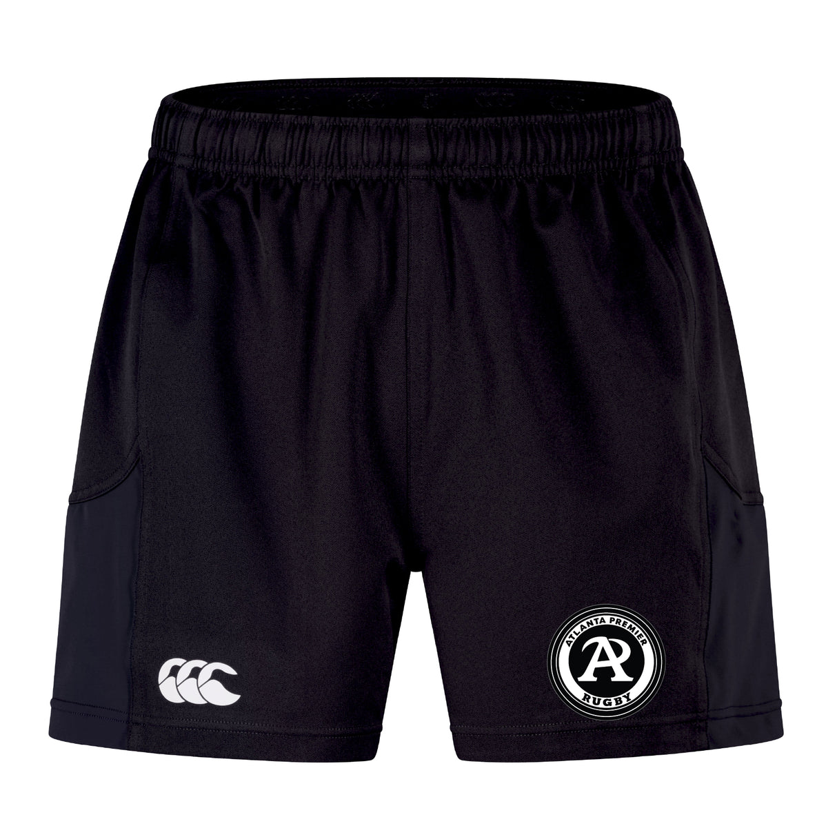 The Atlanta Premier Rugby Club Advantage Short 2.0 by EMB Canterbury features an elastic waistband, a white Canterbury logo on the left leg, and a club badge on the right leg, made with recycled content for sustainable performance.