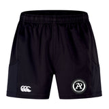The Atlanta Premier Rugby Club Advantage Short 2.0 by EMB Canterbury features an elastic waistband, a white Canterbury logo on the left leg, and a club badge on the right leg, made with recycled content for sustainable performance.