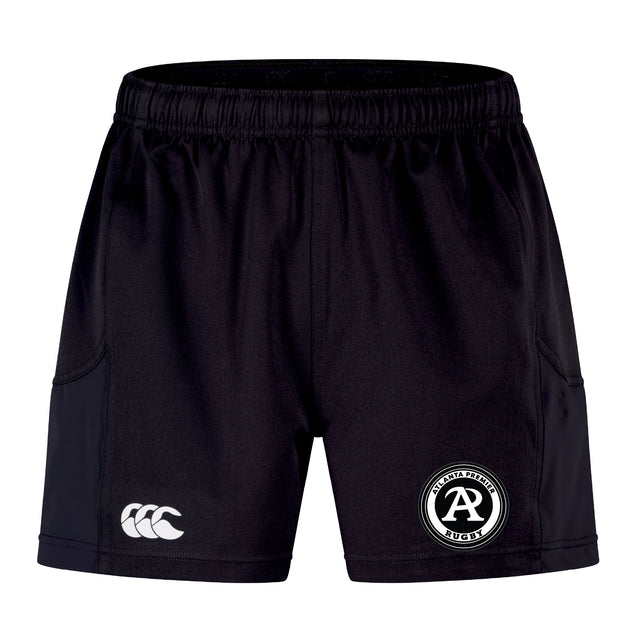 The Atlanta Premier Rugby Club Advantage Short 2.0 by EMB Canterbury features an elastic waistband, a white Canterbury logo on the left leg, and a club badge on the right leg, made with recycled content for sustainable performance.