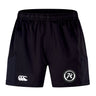 The Atlanta Premier Rugby Club Advantage Short 2.0 by EMB Canterbury features an elastic waistband, a white Canterbury logo on the left leg, and a club badge on the right leg, made with recycled content for sustainable performance.