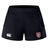 The AG Bulldogs Women's Advantage Short 2.0 by EMB Canterbury are black athletic rugby shorts with an elastic waistband, featuring a white Canterbury logo and a red-and-white bulldog team badge—crafted as sustainable sportswear.