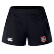 The AG Bulldogs Women's Advantage Short 2.0 by EMB Canterbury are black athletic rugby shorts with an elastic waistband, featuring a white Canterbury logo and a red-and-white bulldog team badge—crafted as sustainable sportswear.