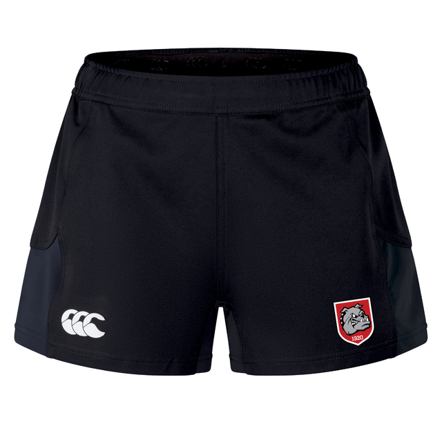 The AG Bulldogs Women's Advantage Short 2.0 by EMB Canterbury are black athletic rugby shorts with an elastic waistband, featuring a white Canterbury logo and a red-and-white bulldog team badge—crafted as sustainable sportswear.