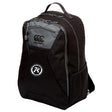 The Atlanta Premier Rugby Club Medium Backpack by EMB Canterbury features a black design with grey accents, zippered front pocket, mesh side pocket, padded laptop compartment, carry handle, circular logo patch, and water-repellent fabric.