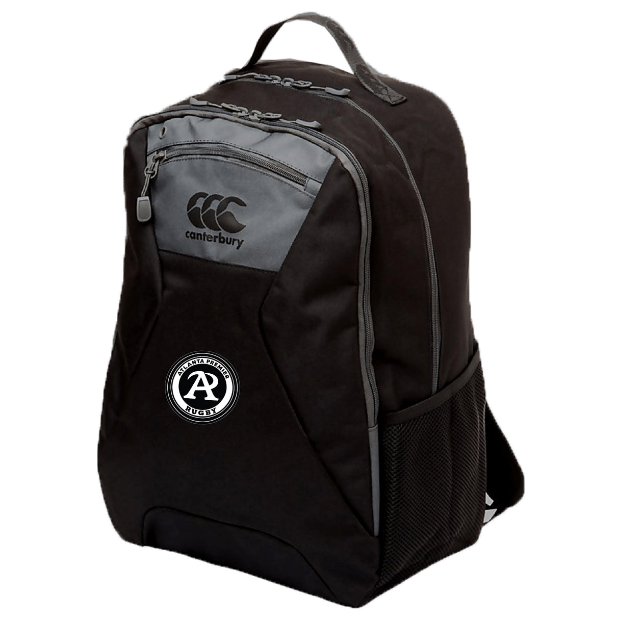 The Atlanta Premier Rugby Club Medium Backpack by EMB Canterbury features a black design with grey accents, zippered front pocket, mesh side pocket, padded laptop compartment, carry handle, circular logo patch, and water-repellent fabric.