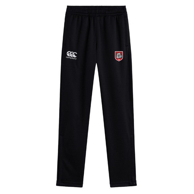 The AG Bulldogs Stretch Tapered Pant by EMB Canterbury features an elastic waistband, white Canterbury logo, and red & white crest—men’s workout pants designed for comfort and quick drying performance.