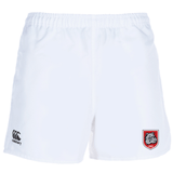 The AG Bulldogs Professional Polyester Rugby Short by EMB Canterbury features an elastic waistband, black Canterbury logo on the left, red and white team emblem on the right leg, and is made from professional-grade polyester for performance.