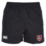 The AG Bulldogs Professional Polyester Rugby Short by EMB Canterbury features the logo on the left leg, a red and white bulldog emblem on the right, and is crafted from durable professional polyester for comfort.