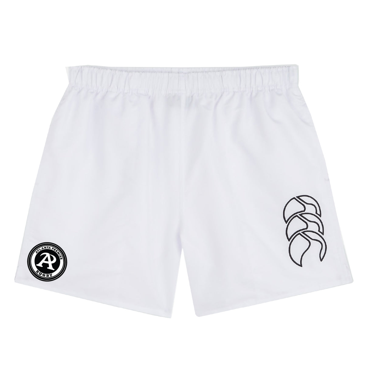 The Atlanta Premier Rugby Club Tactic Short by EMB Canterbury features a white design with a black logo—ideal men’s rugby or lightweight training shorts.