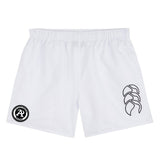 The Atlanta Premier Rugby Club Tactic Short by EMB Canterbury features a white design with a black logo—ideal men’s rugby or lightweight training shorts.