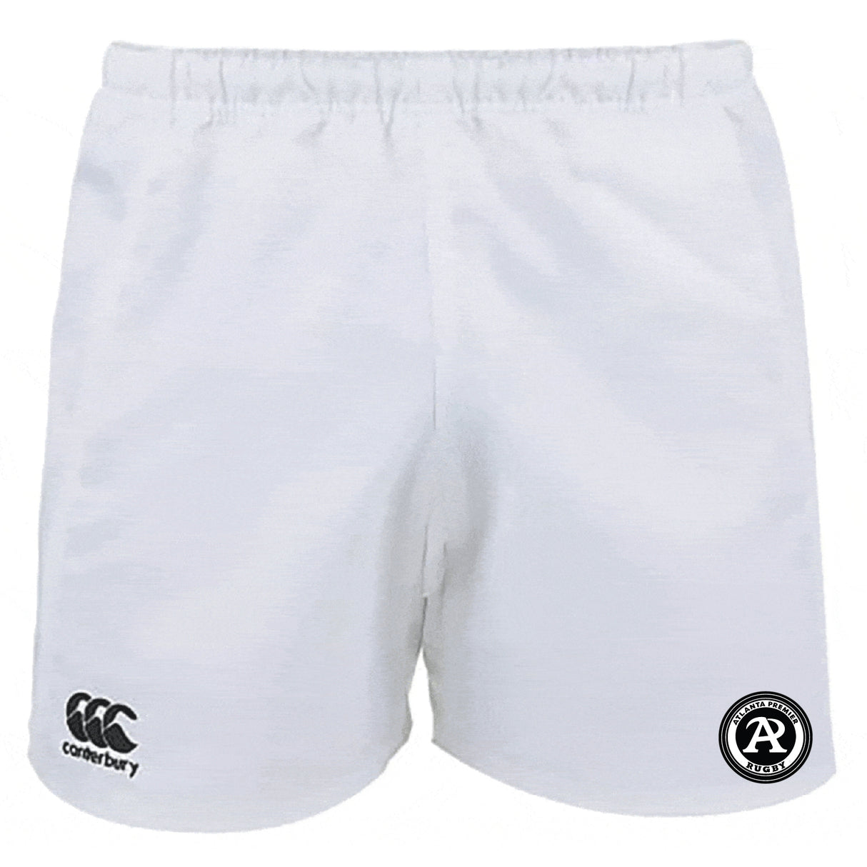 The Atlanta Premier Rugby Club Professional Polyester Rugby Short by EMB Canterbury features an elastic waistband, Canterbury logo on the left leg, a round logo on the right leg, and practical pockets.