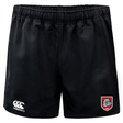 The AG Bulldogs Advantage Rugby Shorts by EMB Canterbury feature moisture-wicking fabric, an elastic waistband, a white Canterbury logo on the left leg, and a red bulldog badge on the right leg.