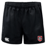 The AG Bulldogs Advantage Rugby Shorts by EMB Canterbury feature moisture-wicking fabric, an elastic waistband, a white Canterbury logo on the left leg, and a red bulldog badge on the right leg.